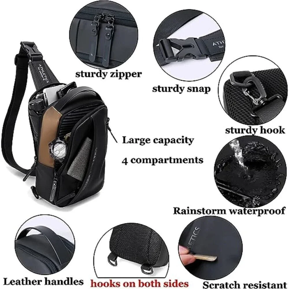 💫 Men Black Crossbody Bag Sling Waterproof USB Charging Port Headphone Backpack